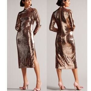 Ted Baker Dress Long Sleeve Embossed Sequin Tube Midi Slit Brown Women's Size 10